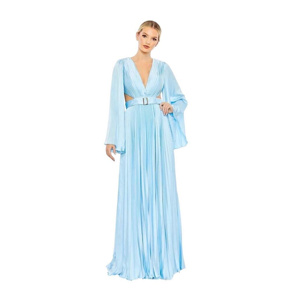Mac Duggal 26732 Light Blue Long Sleeve Pleated Charmeuse Gown Size 4 $598